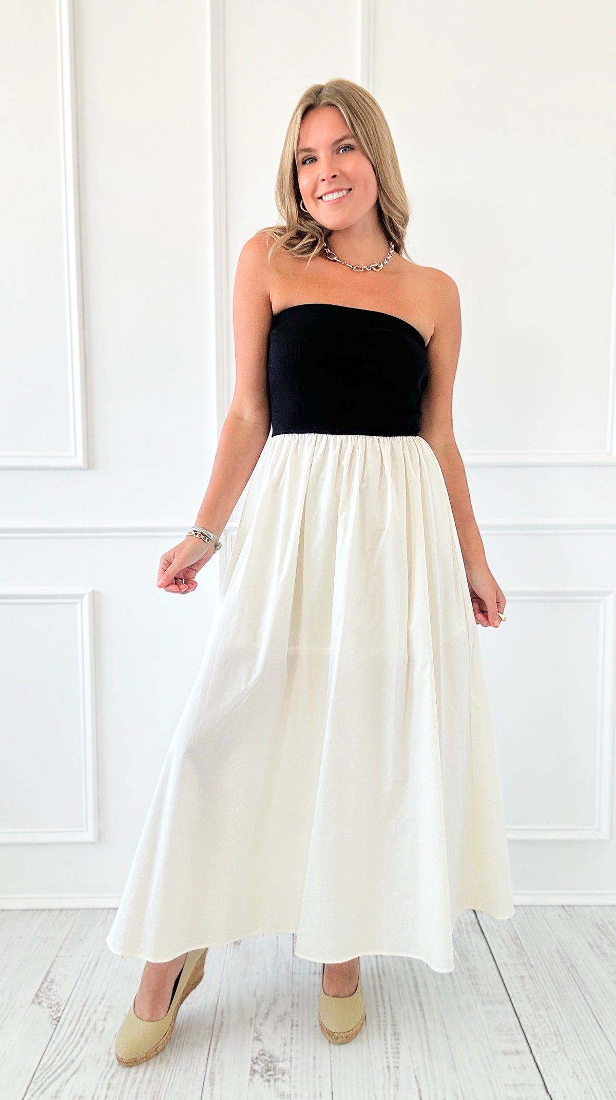 Monochrome Moment Strapless Dress - Black/Cream-200 Dresses/Jumpsuits/Rompers-Blu Pepper-Coastal Bloom Boutique, find the trendiest versions of the popular styles and looks Located in Indialantic, FL
