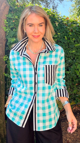 Check Please Italian Blouse  - Turquoise