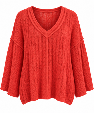 Cable Knit V-Neck Sweater - Coral
