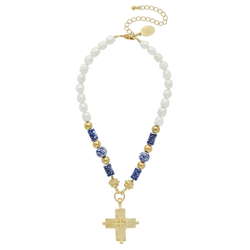 Blue & White Porcelain Jerusalem Cross Necklace - Susan Shaw-230 Jewelry-SUSAN SHAW-Coastal Bloom Boutique, find the trendiest versions of the popular styles and looks Located in Indialantic, FL