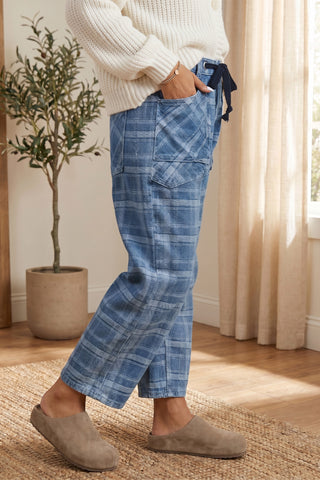 Denim Plaid Drawstring High Waist Pants