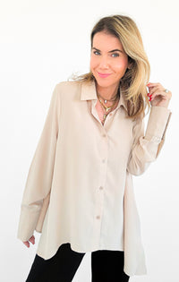 SoHo Button Down Top - Beige-130 Long Sleeve Tops-Must Have-Coastal Bloom Boutique, find the trendiest versions of the popular styles and looks Located in Indialantic, FL