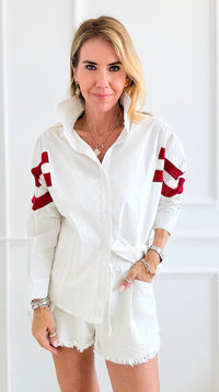 Striped Sleeves Detailed Shirt Blouse - Ivory/Red-130 Long Sleeve Tops-BucketList-Coastal Bloom Boutique, find the trendiest versions of the popular styles and looks Located in Indialantic, FL