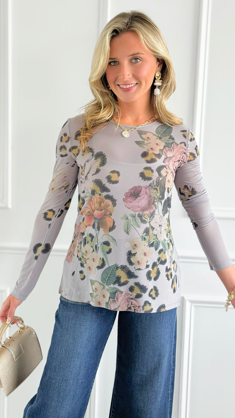 Wild Beauty Long Sleeved Mesh Top - Grey-110 Long Sleeve Tops-Origami Fashion Inc-Coastal Bloom Boutique, find the trendiest versions of the popular styles and looks Located in Indialantic, FL