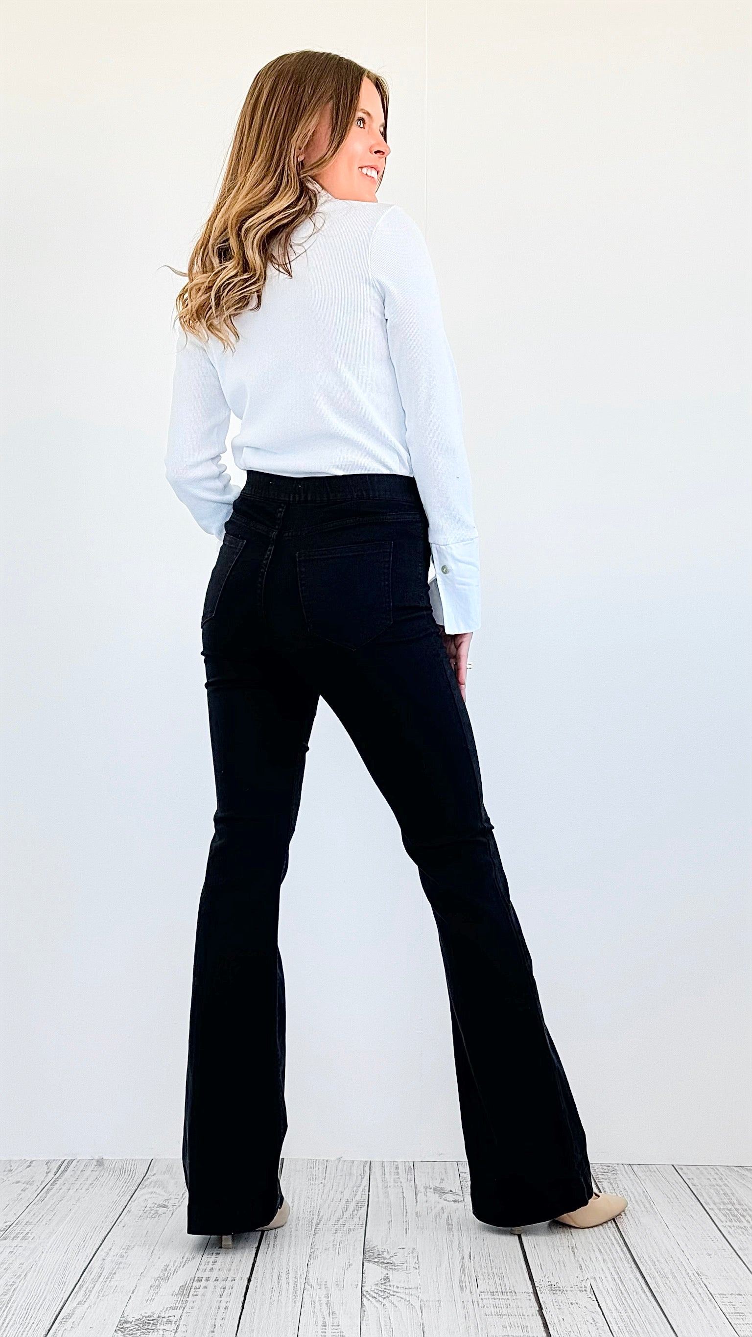 Sleek High-Waist Flared Trousers-190 Denim-Jelly Jeans-Coastal Bloom Boutique, find the trendiest versions of the popular styles and looks Located in Indialantic, FL