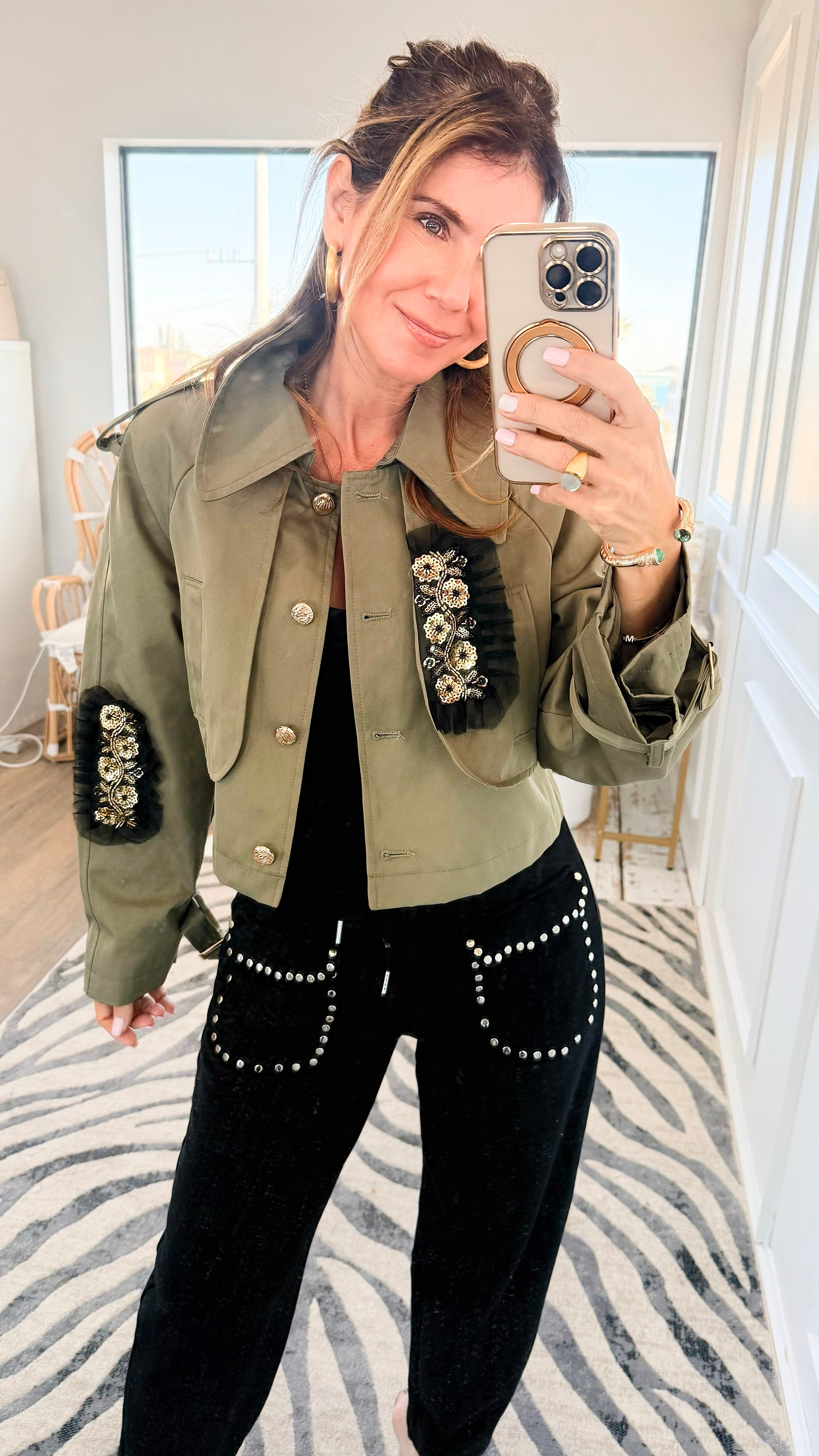 The Gilded Bloom Cropped Jacket- Olive