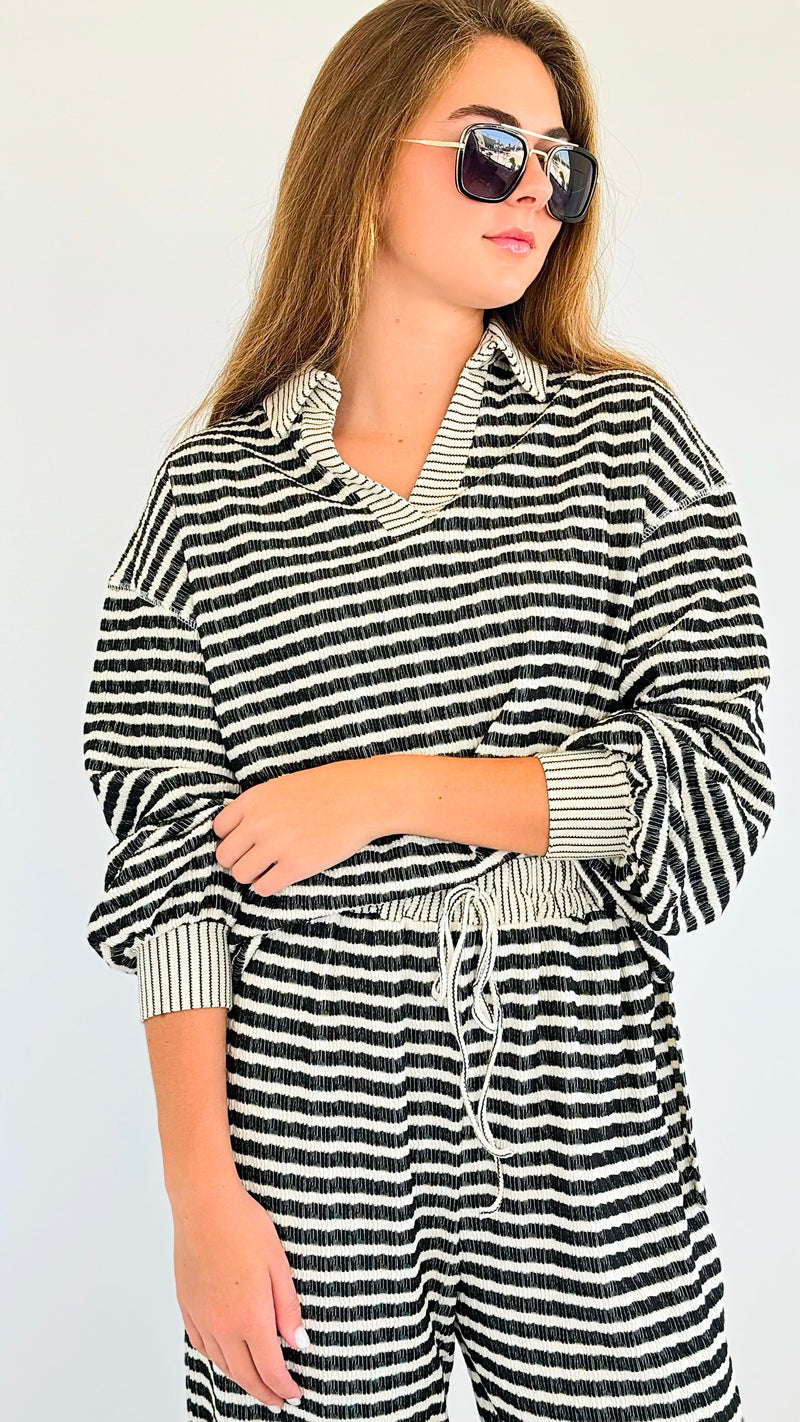 Knitted Striped Collared Top - Black-130 Long Sleeve Tops-Fantastic Fawn-Coastal Bloom Boutique, find the trendiest versions of the popular styles and looks Located in Indialantic, FL