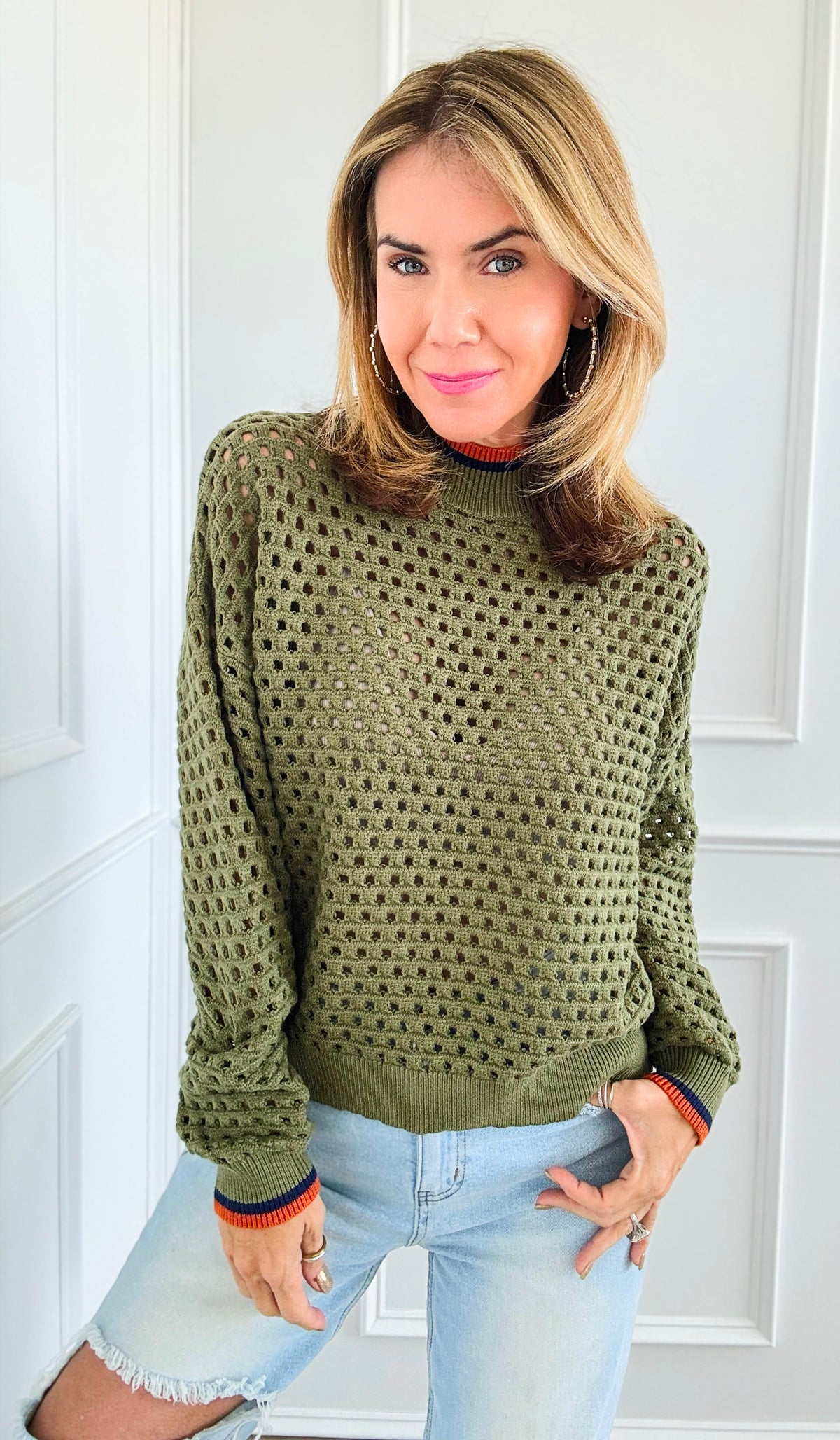 Color Block Eyelet Knit Sweater-Olive-140 Sweaters-THML-Coastal Bloom Boutique, find the trendiest versions of the popular styles and looks Located in Indialantic, FL