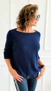 Break Free Round - Neck 3/4 Sleeve Italian Sweater Top - Navy-140 Sweaters-J.D. PRONTO MODA-Coastal Bloom Boutique, find the trendiest versions of the popular styles and looks Located in Indialantic, FL