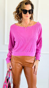 Waffle Knit Cropped Lounge Top - New Orchid-110 Long Sleeve Tops-MONO B-Coastal Bloom Boutique, find the trendiest versions of the popular styles and looks Located in Indialantic, FL
