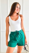 Raw Edge Details Shorts-Pine Green-170 Bottoms/Shorts-HYFVE-Coastal Bloom Boutique, find the trendiest versions of the popular styles and looks Located in Indialantic, FL