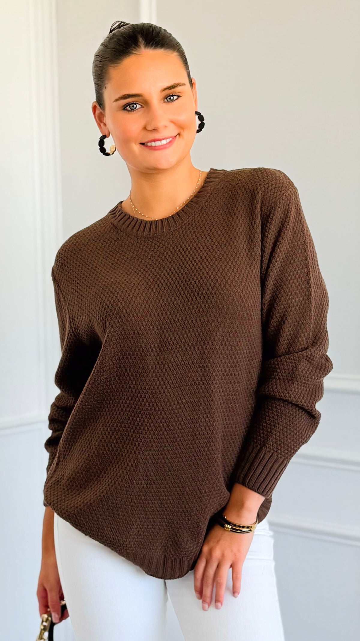 Round Neck Basic Sweater - Brown-140 Sweaters-Zenana-Coastal Bloom Boutique, find the trendiest versions of the popular styles and looks Located in Indialantic, FL