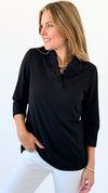 Tabatha Ruffle Neck Top- Black-110 Short Sleeve Tops-ARYEH-Coastal Bloom Boutique, find the trendiest versions of the popular styles and looks Located in Indialantic, FL