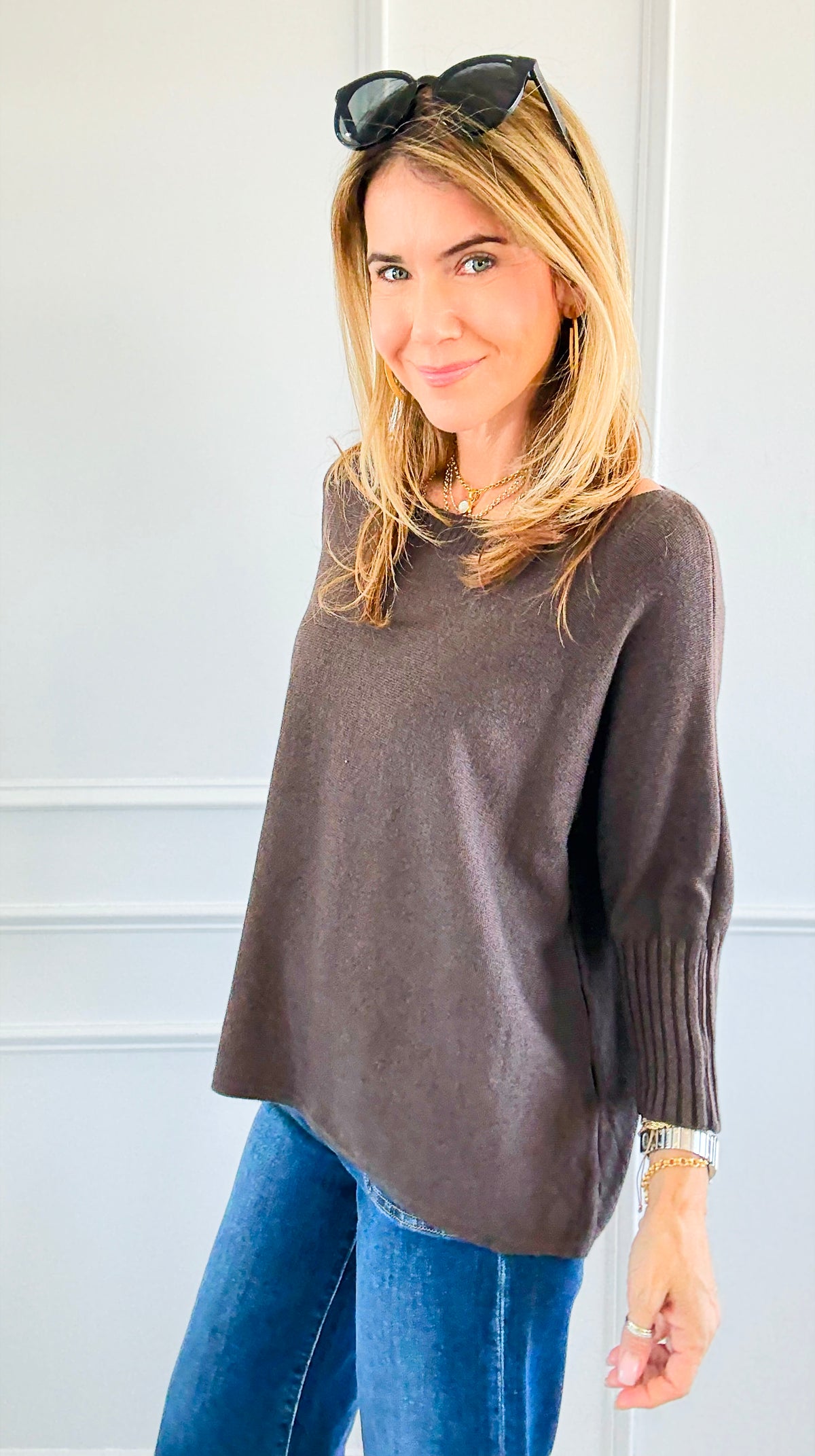 Break Free Round - Neck 3/4 Sleeve Italian Sweater Top - Espresso-140 Sweaters-J.D. PRONTO MODA-Coastal Bloom Boutique, find the trendiest versions of the popular styles and looks Located in Indialantic, FL