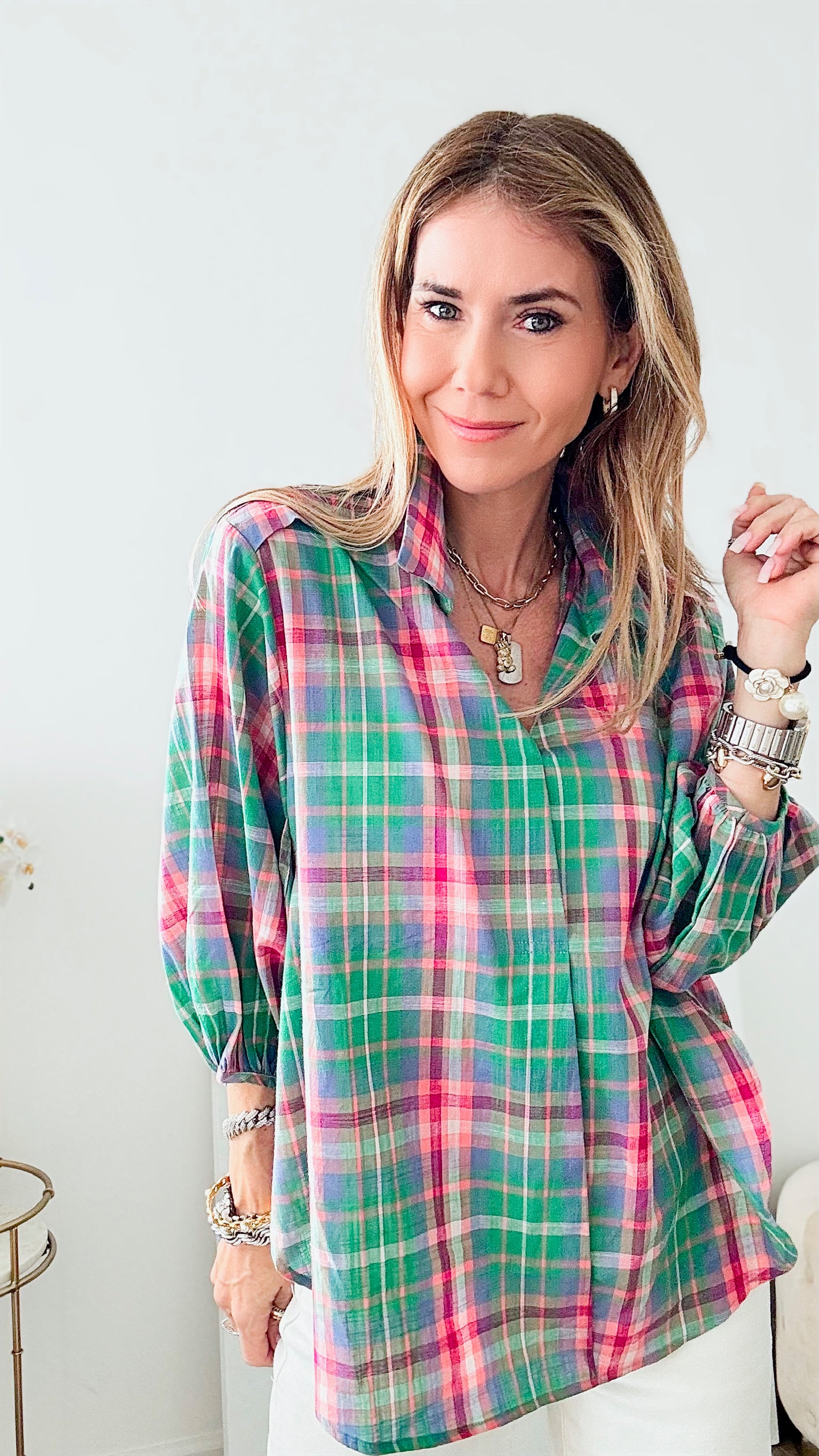 Vintage Plaid Lantern Sleeve Blouse-130 Long Sleeve Tops-BIBI-Coastal Bloom Boutique, find the trendiest versions of the popular styles and looks Located in Indialantic, FL