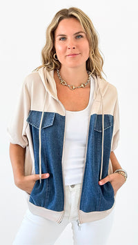 Denim Panel Short Sleeve Jacket-160 Jackets-Joh Apparel-Coastal Bloom Boutique, find the trendiest versions of the popular styles and looks Located in Indialantic, FL