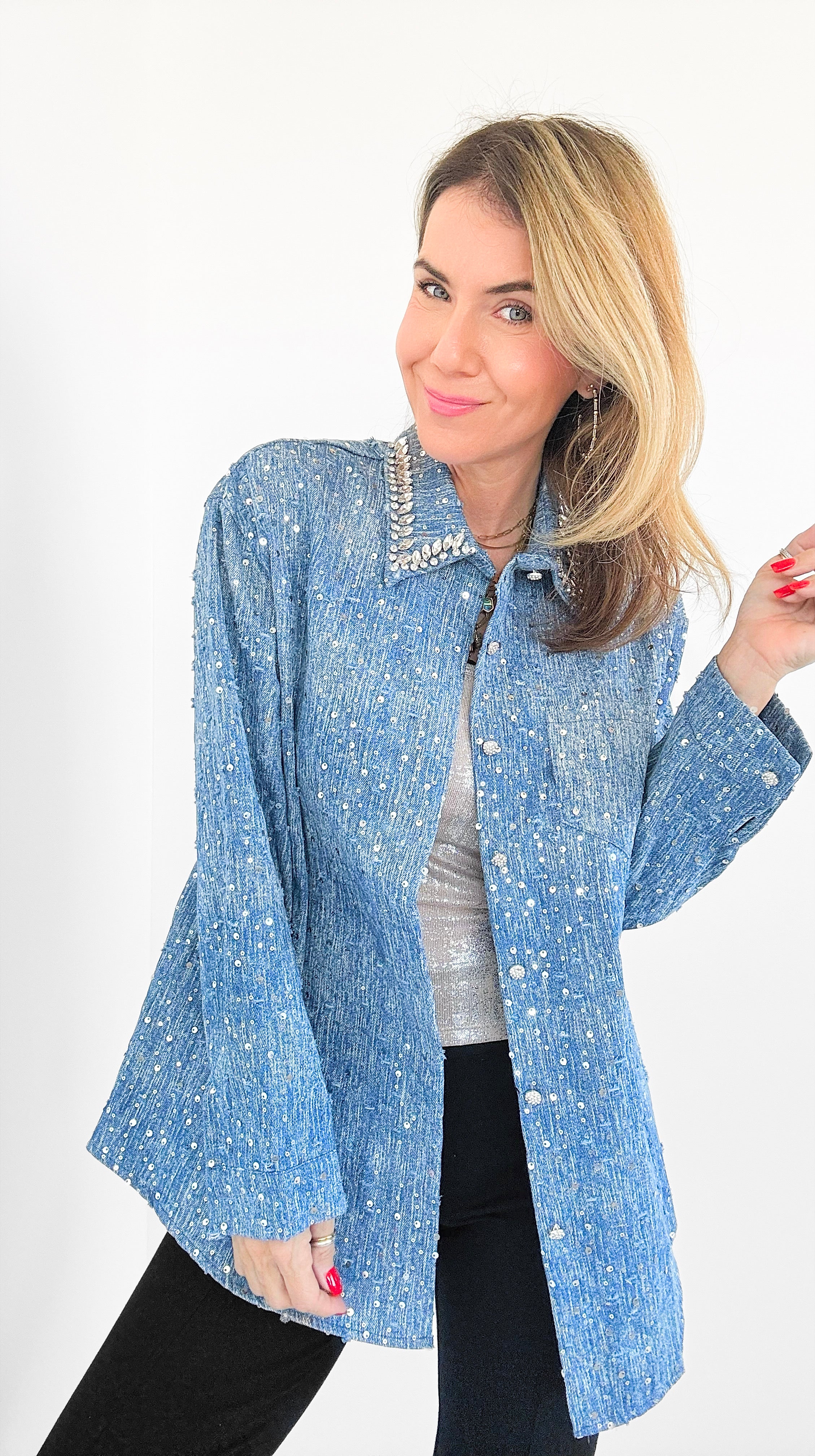 Stardust Denim Blouse-130 Long Sleeve Tops-litaga-Coastal Bloom Boutique, find the trendiest versions of the popular styles and looks Located in Indialantic, FL