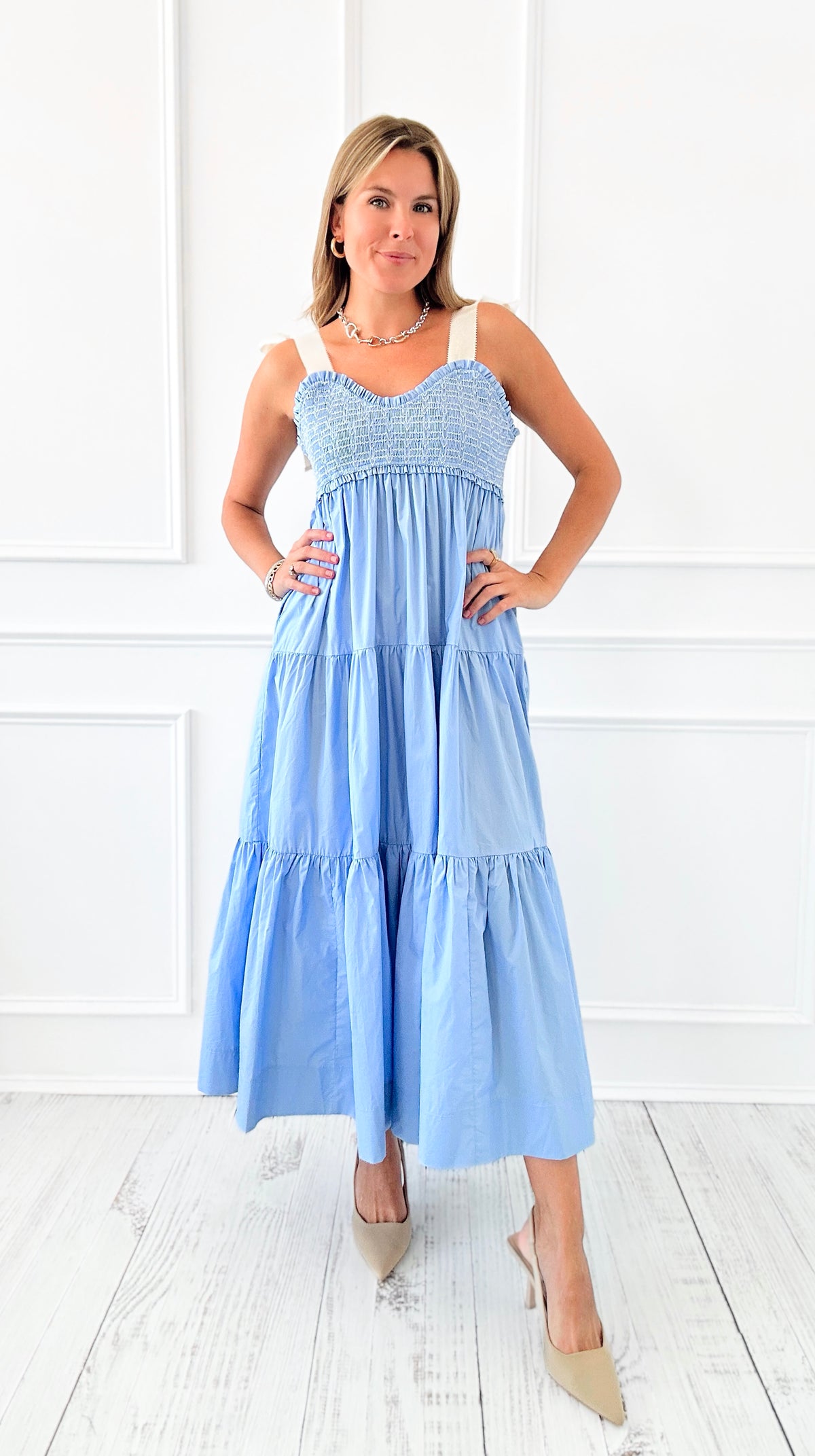 Ribbon Tie Smocked Midi Dress - Light Blue-200 Dresses/Jumpsuits/Rompers-Lovelo x GeeGee-Coastal Bloom Boutique, find the trendiest versions of the popular styles and looks Located in Indialantic, FL