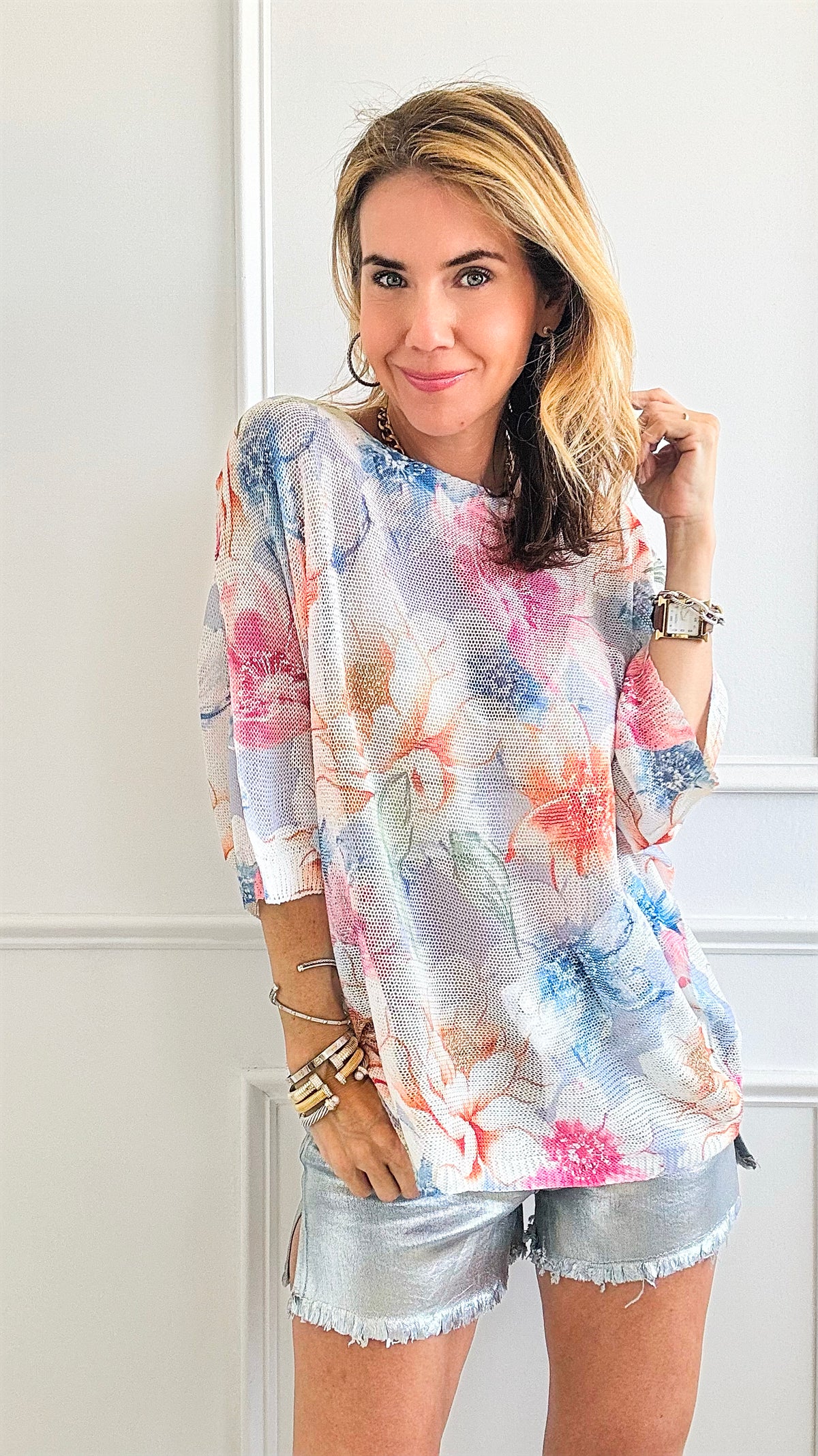Short Sleeve Blooms Italian St Tropez-140 Sweaters-Italianissimo-Coastal Bloom Boutique, find the trendiest versions of the popular styles and looks Located in Indialantic, FL