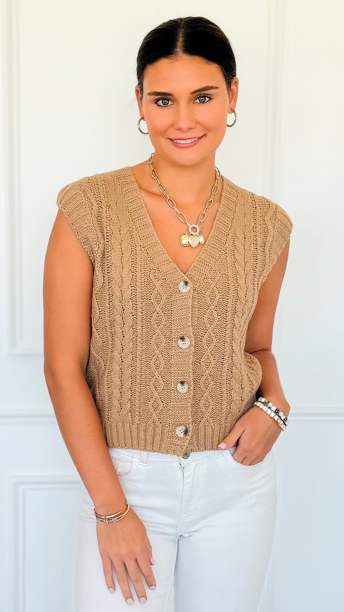 Chunky Cable Sweater Vest - Camel-150 Cardigans/Layers-Be Cool-Coastal Bloom Boutique, find the trendiest versions of the popular styles and looks Located in Indialantic, FL