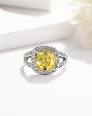 Sterling Silver Canary Asscher CZ Halo Ring - Silver
