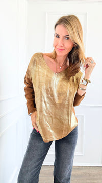 Gold Shine V-Neck Italian Pullover- Camel-140 Sweaters-Italianissimo-Coastal Bloom Boutique, find the trendiest versions of the popular styles and looks Located in Indialantic, FL