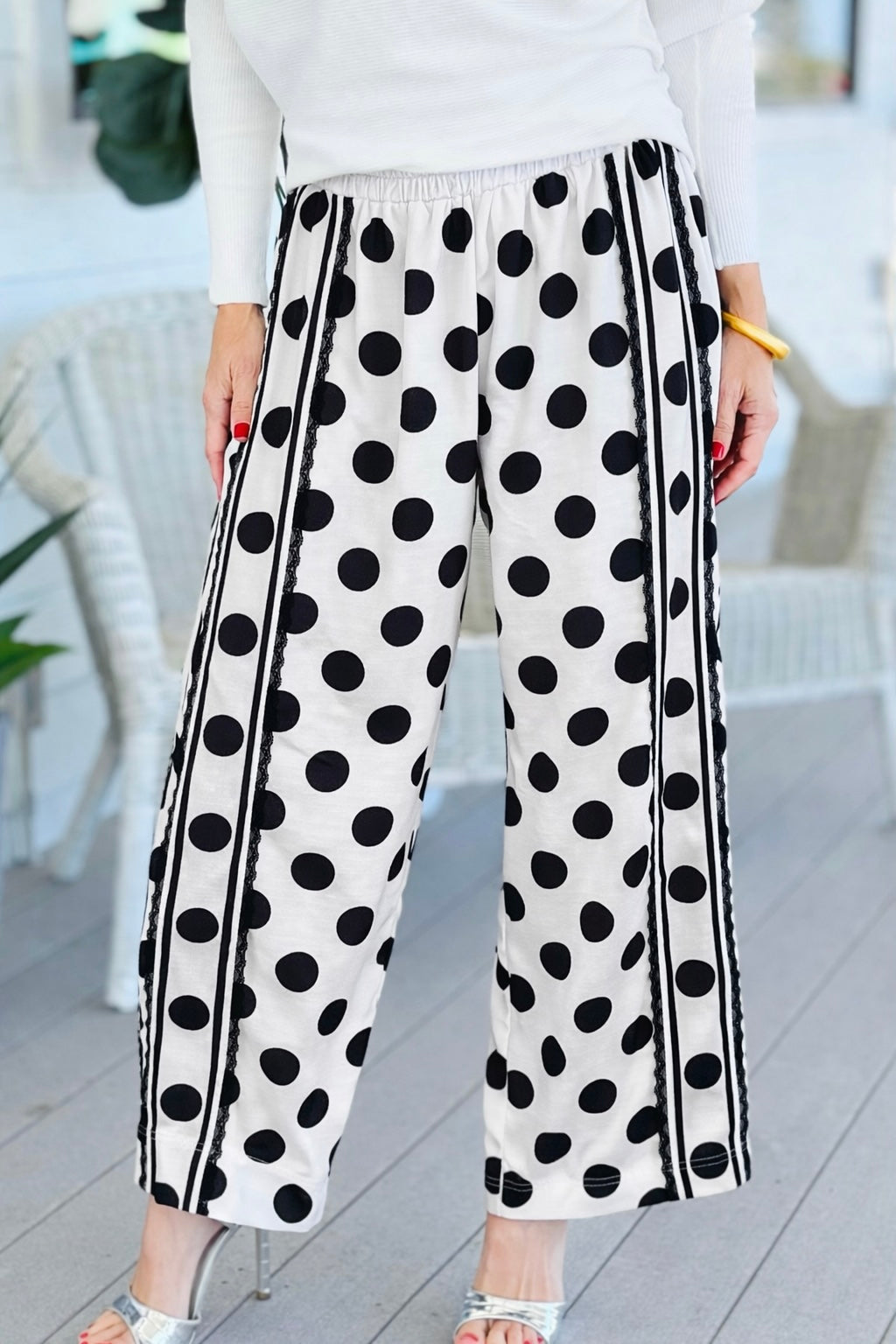 Playful Dot Lace Trim Wide Leg Pants -Off White