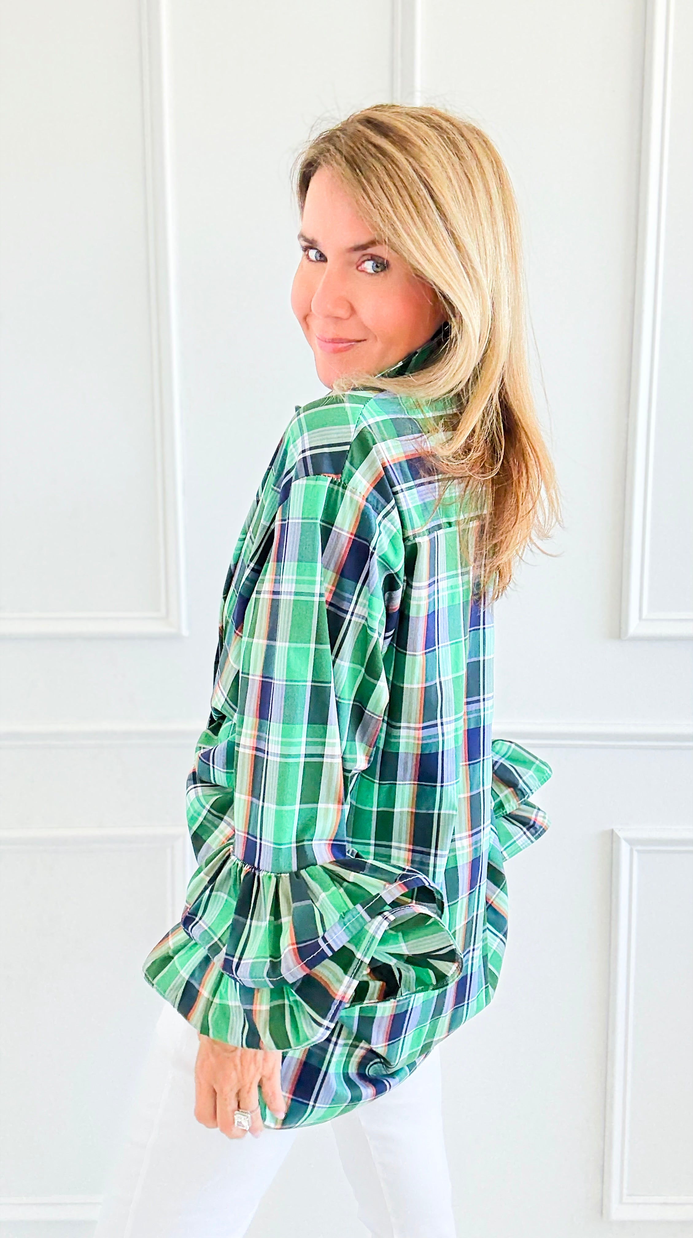 Tartan Ruffle Bell Sleeve Italian Blouse-170 Bottoms-TATTOO Z-Coastal Bloom Boutique, find the trendiest versions of the popular styles and looks Located in Indialantic, FL