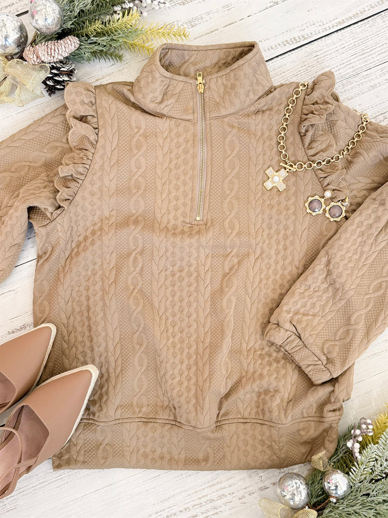 Cable Ruffle Half-Zip Knit Top - Taupe-130 Long Sleeve Tops-Umgee-Coastal Bloom Boutique, find the trendiest versions of the popular styles and looks Located in Indialantic, FL