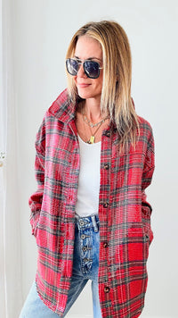 Clear Sequin Plaid Christmas Shirt - Red Multi-160 Jackets-BIBI-Coastal Bloom Boutique, find the trendiest versions of the popular styles and looks Located in Indialantic, FL