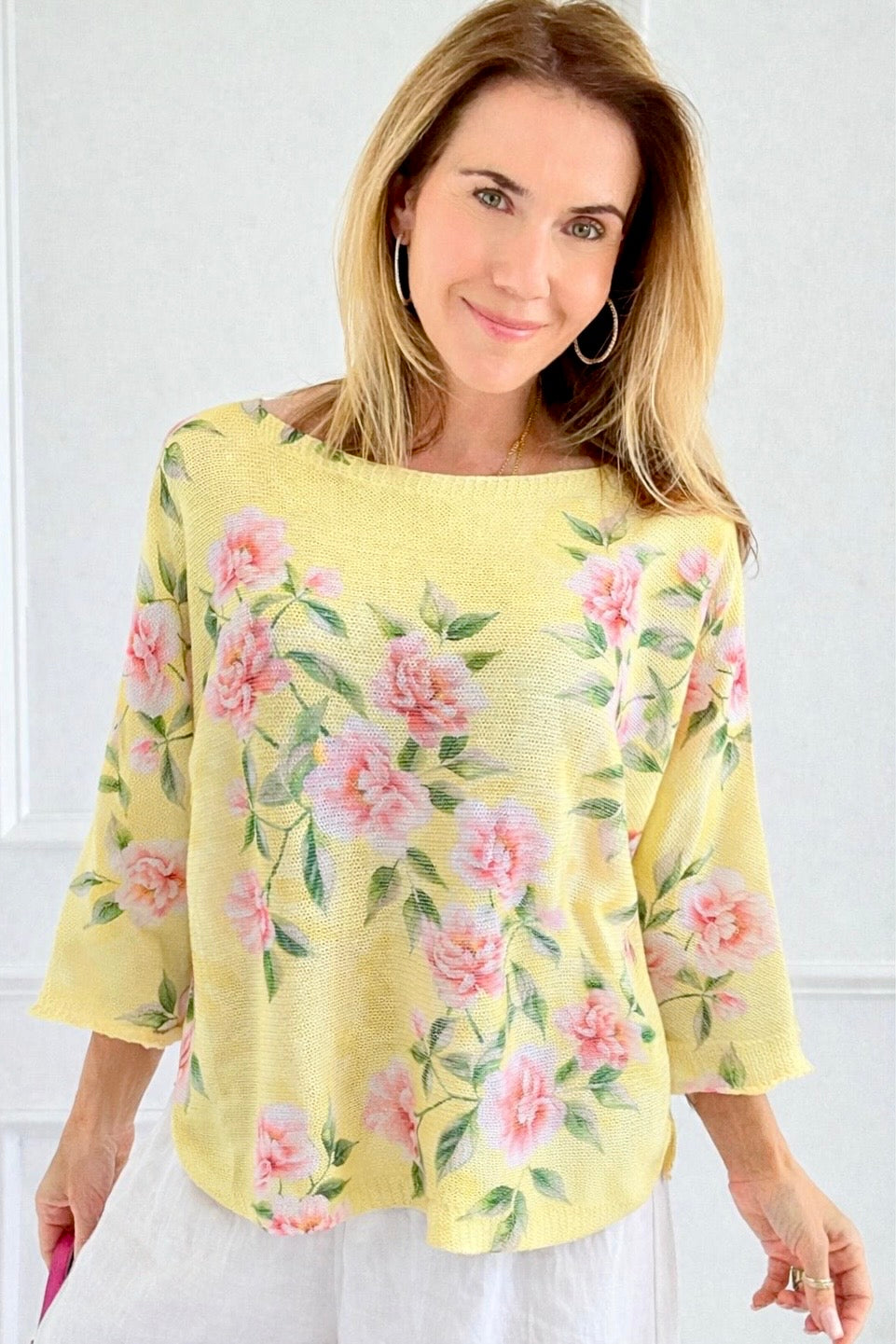 Spring Romance Rose St Tropez Short Sleeve Sweater- Yellow
