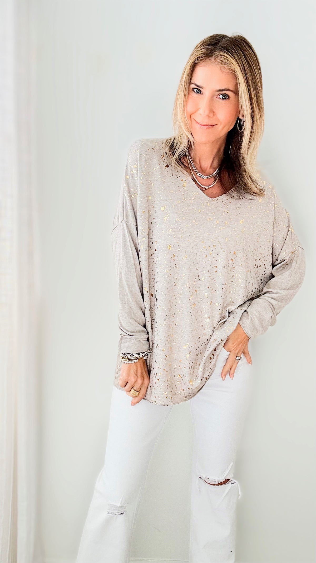 Splash Of Gold Italian Pullover - Taupe-140 Sweaters-Germany-Coastal Bloom Boutique, find the trendiest versions of the popular styles and looks Located in Indialantic, FL