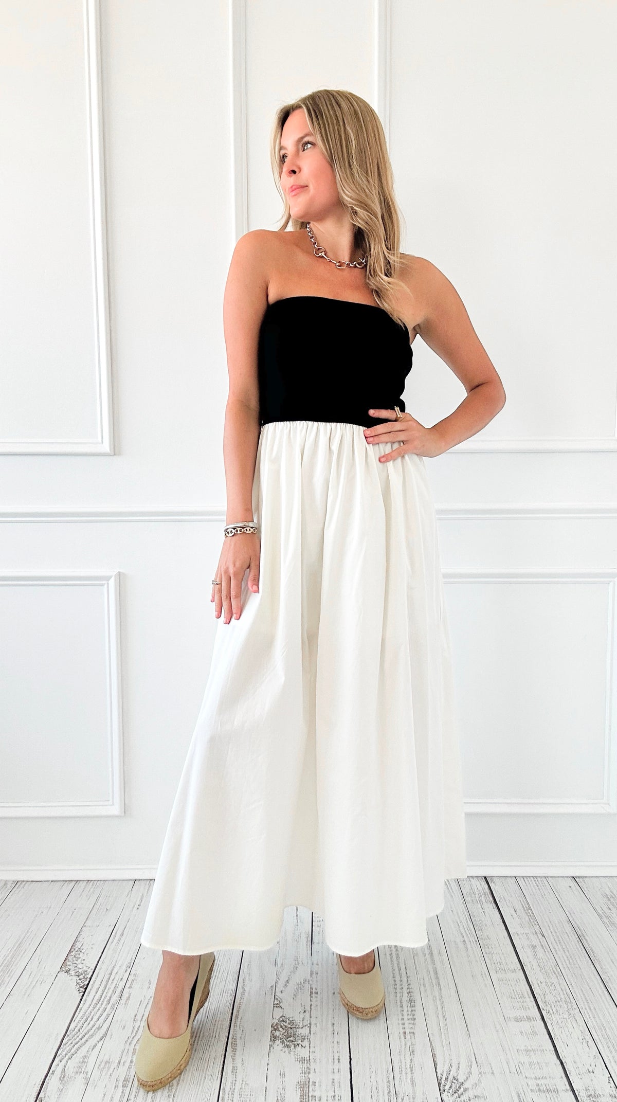 Monochrome Moment Strapless Dress - Black/Cream-200 Dresses/Jumpsuits/Rompers-Blu Pepper-Coastal Bloom Boutique, find the trendiest versions of the popular styles and looks Located in Indialantic, FL