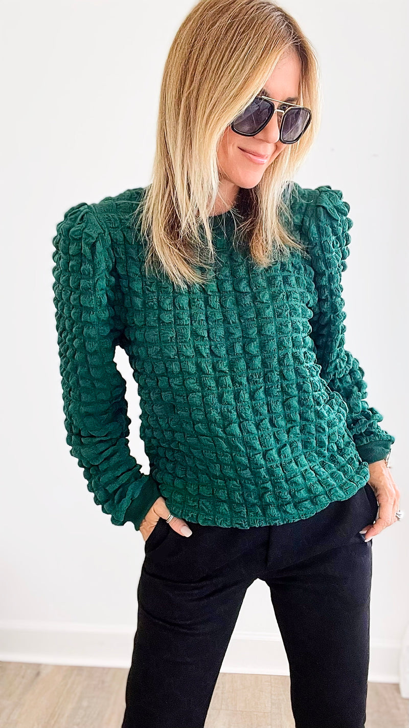 Puff Party Checkered Sweater - Emerald-130 Long Sleeve Tops-JODIFL-Coastal Bloom Boutique, find the trendiest versions of the popular styles and looks Located in Indialantic, FL