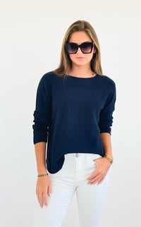 Soho Italian Boatneck Pullover - Navy-140 Sweaters-Italianissimo-Coastal Bloom Boutique, find the trendiest versions of the popular styles and looks Located in Indialantic, FL