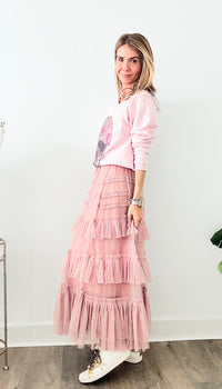 Ruffled Mini Dot Midi Skirt - Blush-170 Bottoms-TABA-Coastal Bloom Boutique, find the trendiest versions of the popular styles and looks Located in Indialantic, FL