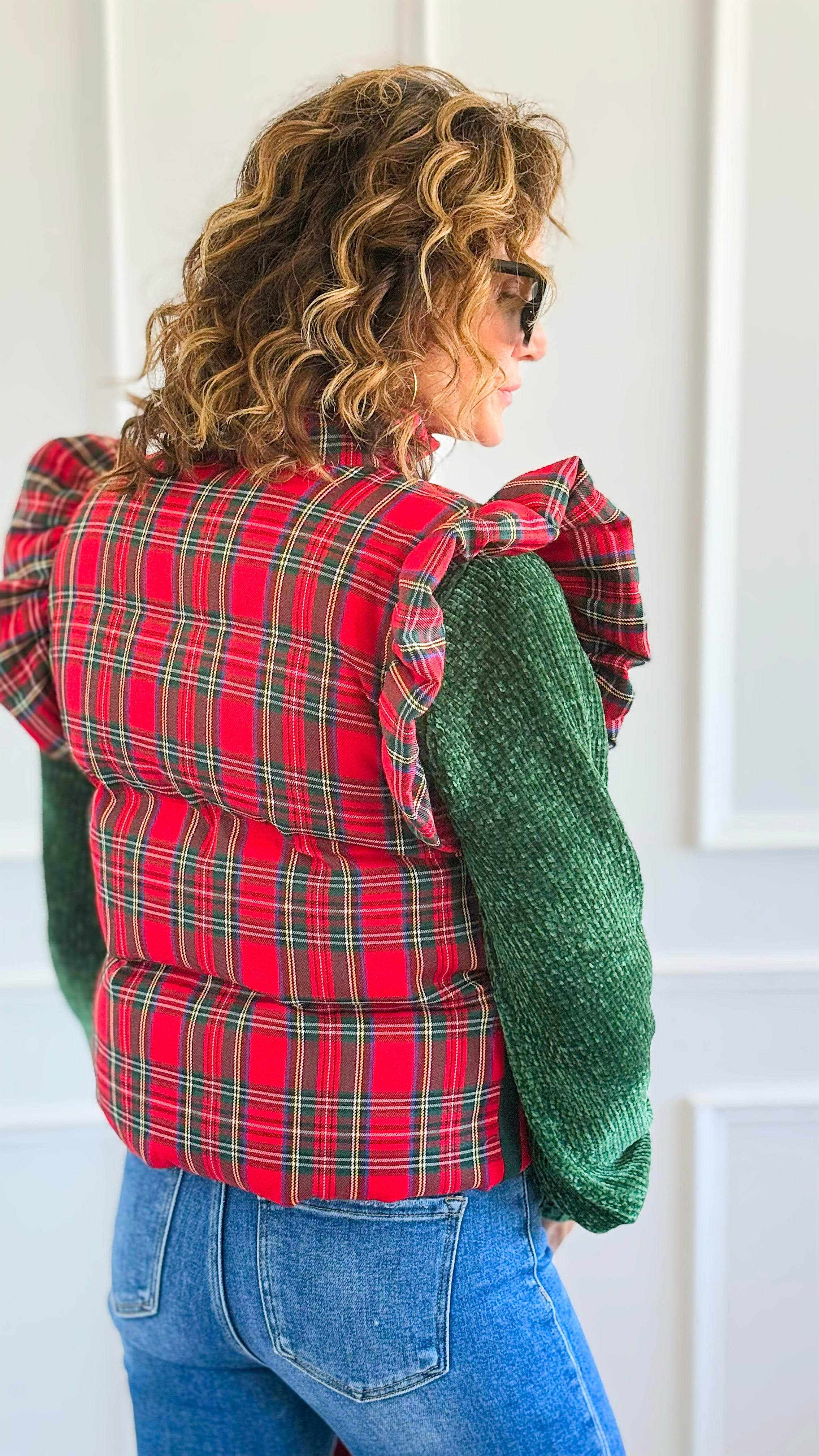 Chic Ruffled Plaid Vest-160 Jackets-JODIFL-Coastal Bloom Boutique, find the trendiest versions of the popular styles and looks Located in Indialantic, FL