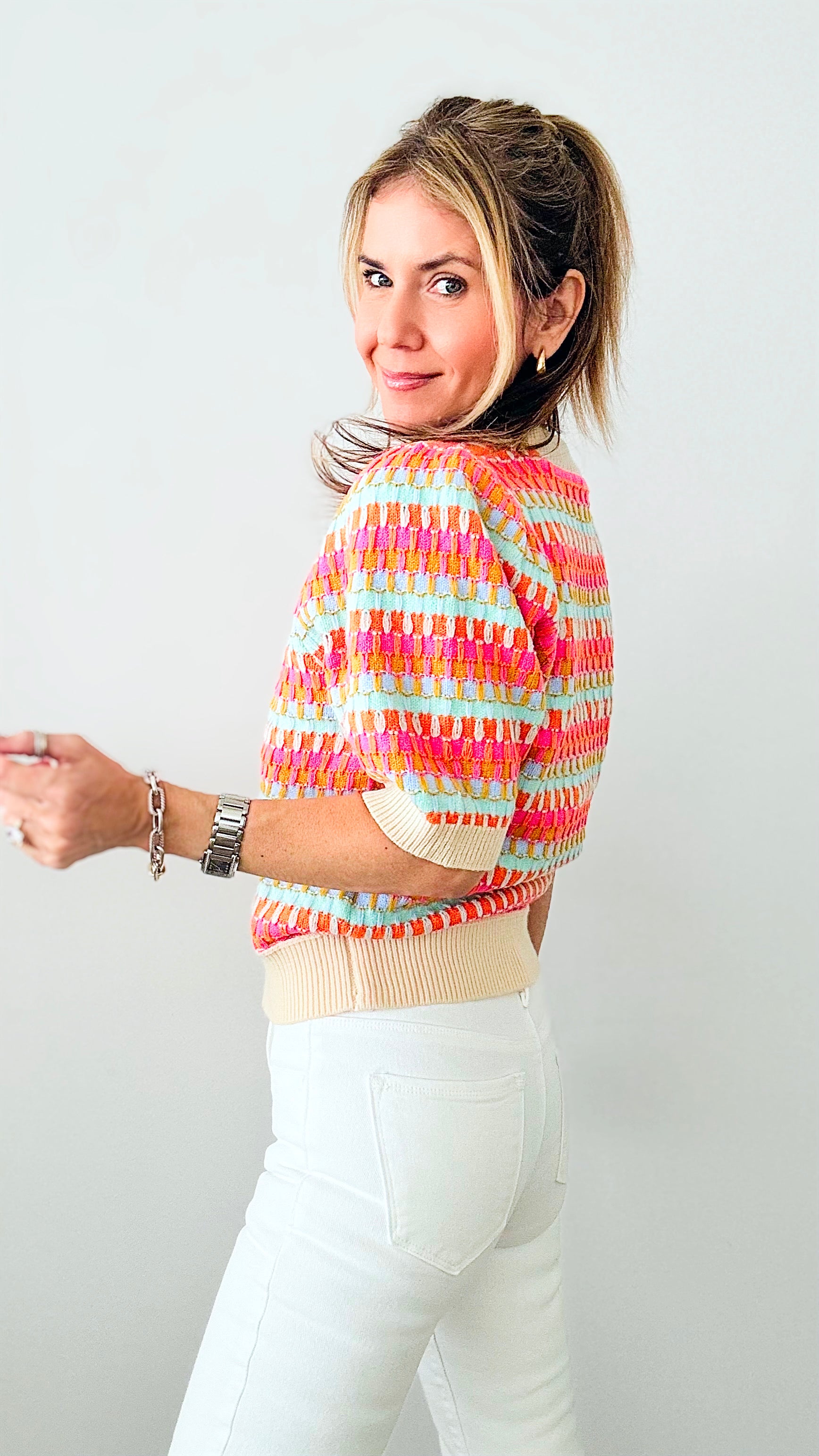 Sunrise Blast Crochet Top-110 Short Sleeve Tops-T H M L-Coastal Bloom Boutique, find the trendiest versions of the popular styles and looks Located in Indialantic, FL