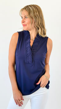 Ruffled V-Neck Sleeveless Top - Navy-100 Sleeveless Tops-ARYEH-Coastal Bloom Boutique, find the trendiest versions of the popular styles and looks Located in Indialantic, FL