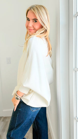 Relaxed Cowl Neck Ribbed Cuff Italian Sweater - Off White