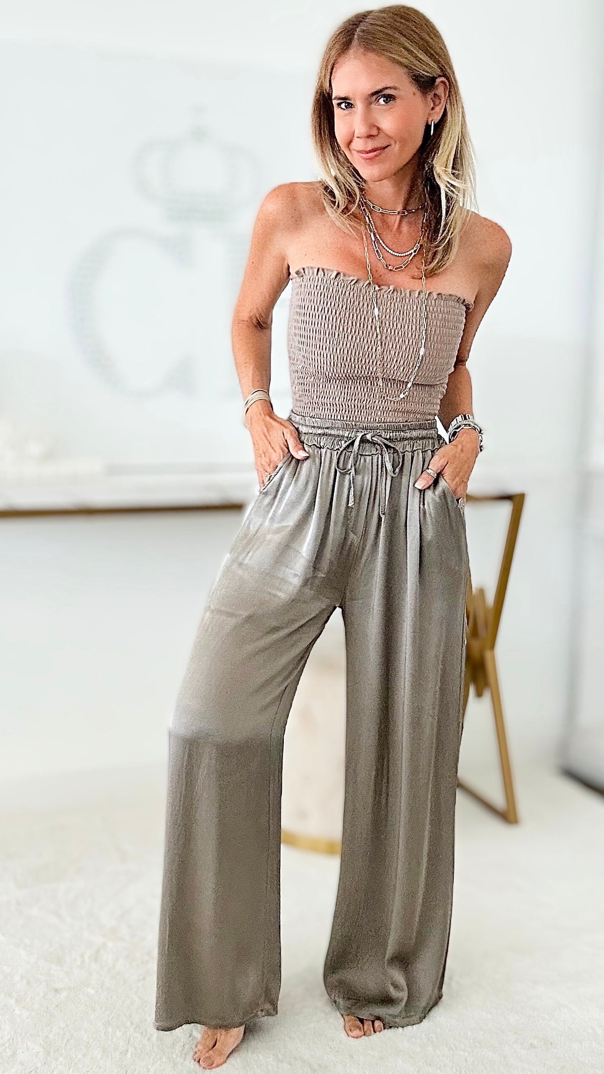 Angora Italian Satin Pant - Metallic Pewter-170 Bottoms-Germany-Coastal Bloom Boutique, find the trendiest versions of the popular styles and looks Located in Indialantic, FL