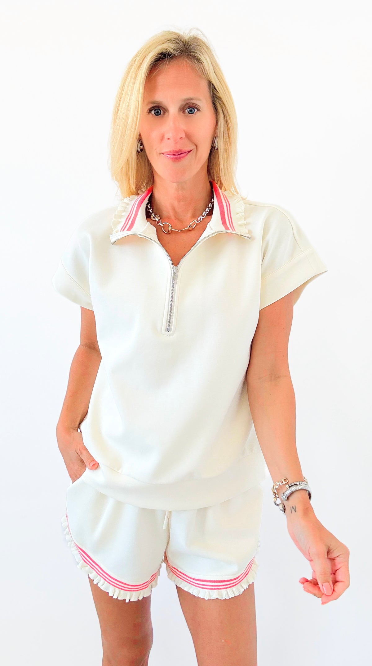 Ruffle Collar Zip Front Knit Top & Shorts Set - Cream-110 short Sleeve Top-Umgee-Coastal Bloom Boutique, find the trendiest versions of the popular styles and looks Located in Indialantic, FL