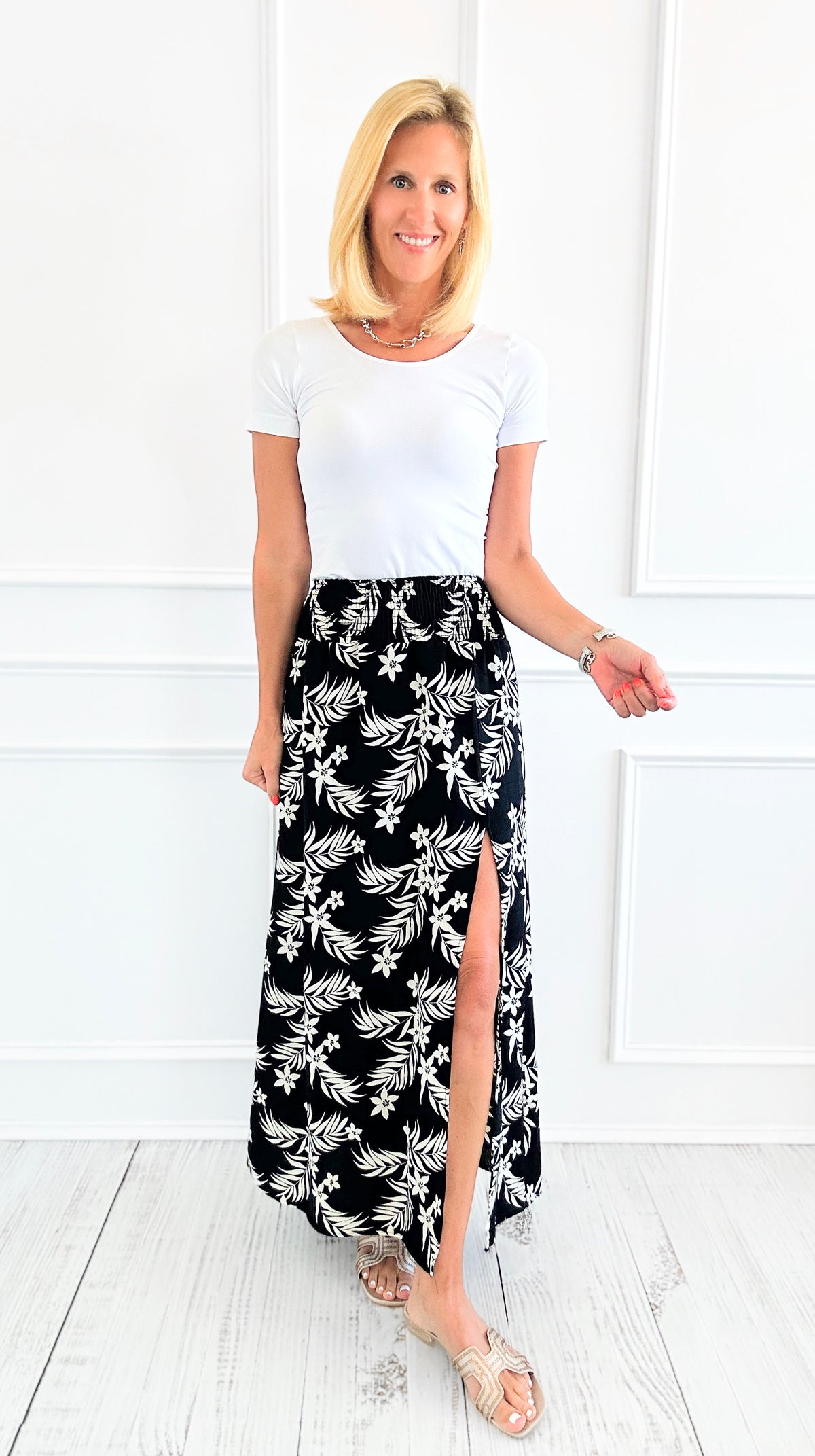 Breeze Away Smocked Floral Maxi Skirt - Black-170 Bottoms/Shorts-ijoah-Coastal Bloom Boutique, find the trendiest versions of the popular styles and looks Located in Indialantic, FL