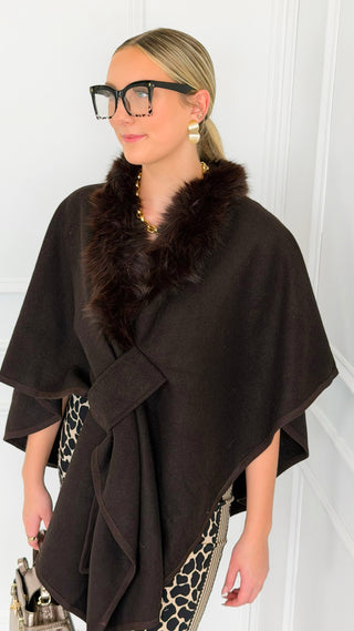 Plush Collar Wrap Poncho - Brown