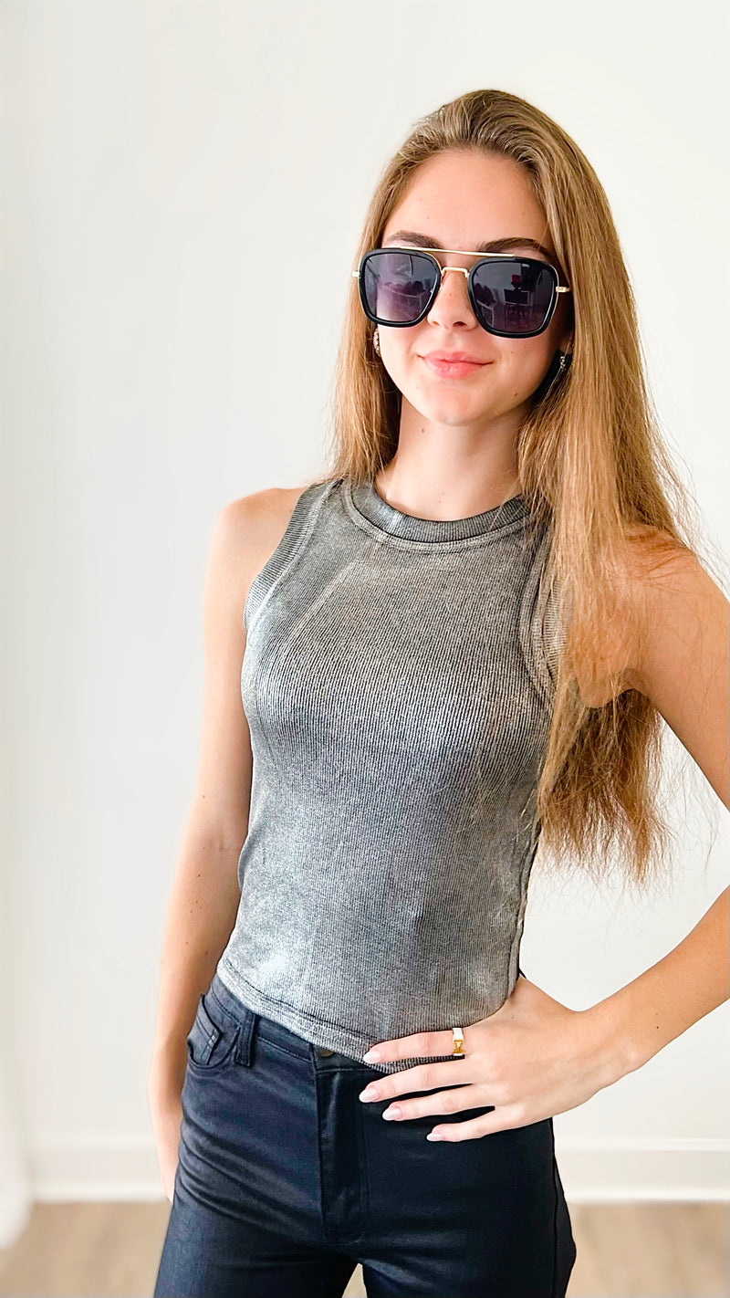 Shimmer Metallic Italian Tank - Black/Silver-100 Sleeveless Tops-Germany-Coastal Bloom Boutique, find the trendiest versions of the popular styles and looks Located in Indialantic, FL