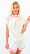 Ruffle Collar Zip Front Knit Top & Shorts Set - Cream-110 short Sleeve Top-Umgee-Coastal Bloom Boutique, find the trendiest versions of the popular styles and looks Located in Indialantic, FL