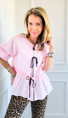 Front Tie Stripe Ruffle Top-110 Short Sleeve Tops-BucketList-Coastal Bloom Boutique, find the trendiest versions of the popular styles and looks Located in Indialantic, FL