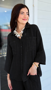 Riviera Days Linen Italian Button Top- Black