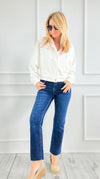 Mid-Rise Crop Raw Edge Jeans - Dark