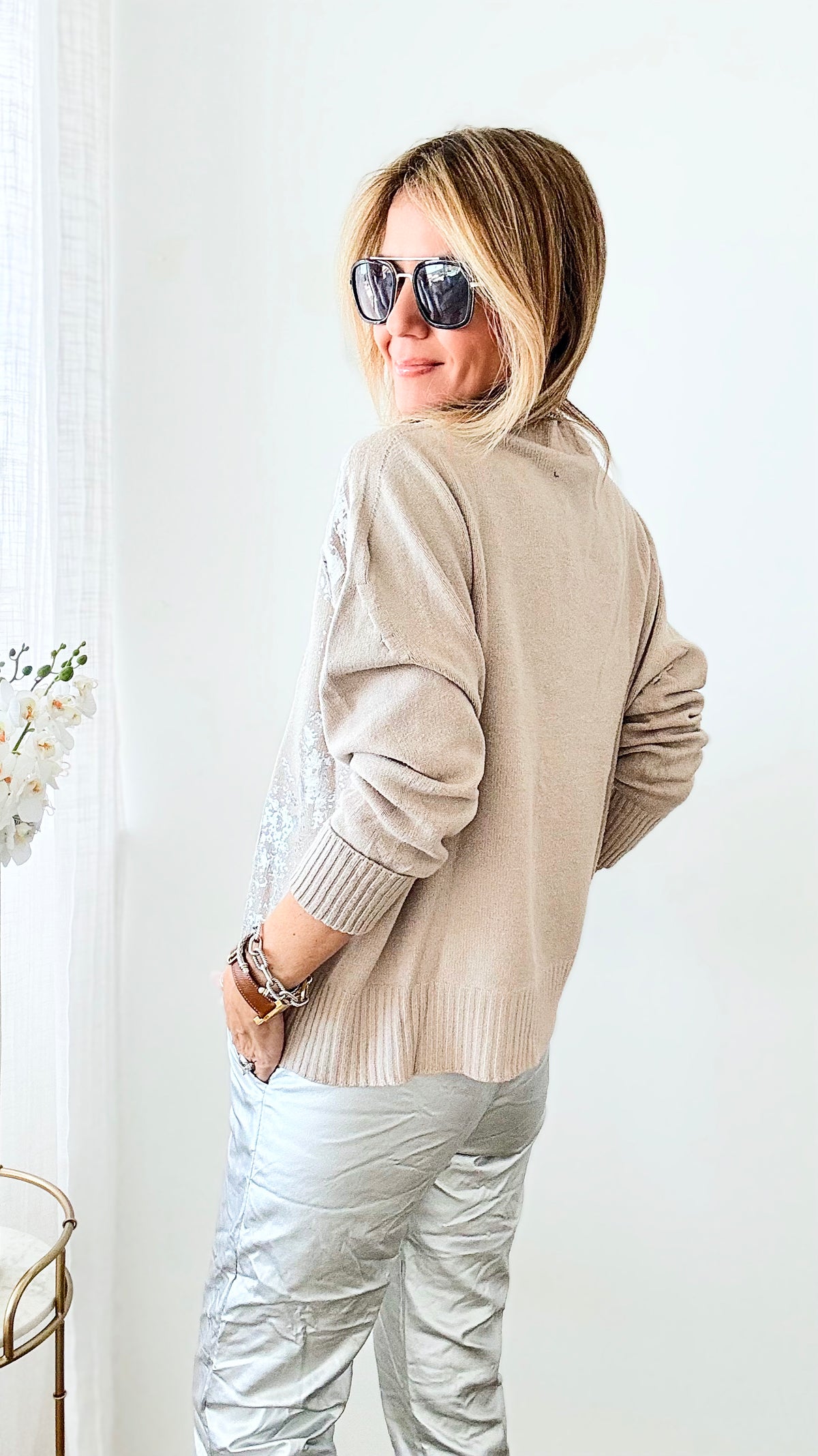 PRE ORDER Boatneck Italian Silver Foil Sweater-140 Sweaters-Look Mode-Coastal Bloom Boutique, find the trendiest versions of the popular styles and looks Located in Indialantic, FL